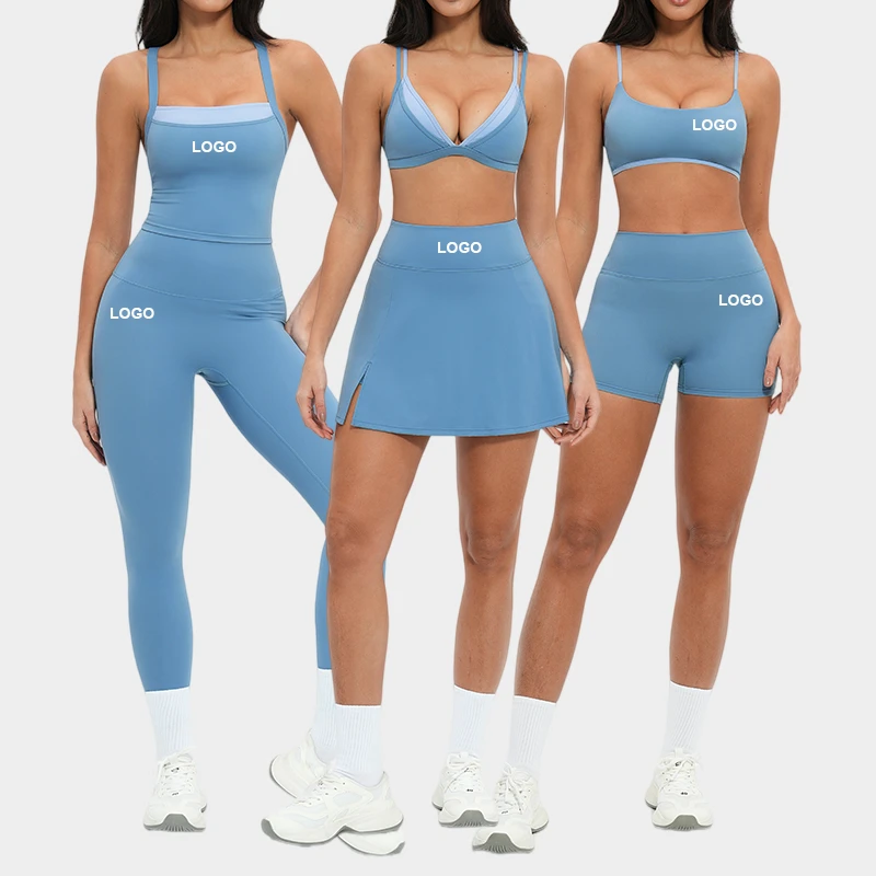 Wholesale 6 Pieces Yoga Set Gym Workout Clothes Athletic Sets Sports Skirt Fitness Wear Bra High Waist Leggings Set for Women