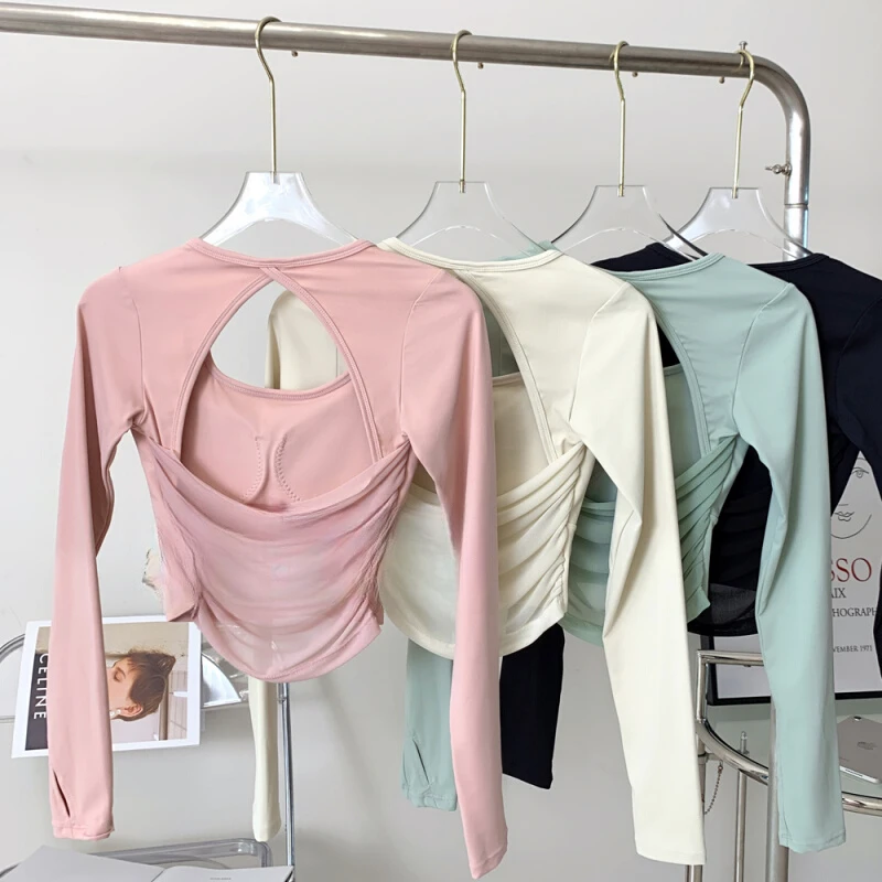 TP111 Polyester Nylon Women's Long Sleeve Crop Tops Yoga Solid Color Custom logo Quick-dry Running Women's Top Sportswear