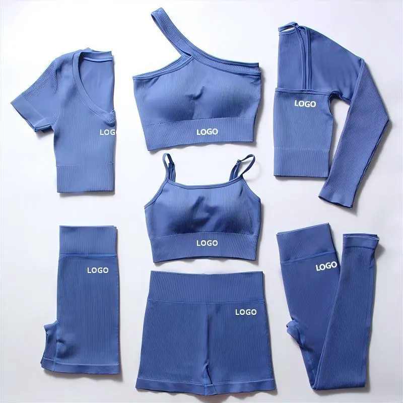 7PCS Women's Active Wear Sets Ribbed Yoga Leggings & Long Sleeve Workout Shirts | Tights and Activewear Suits