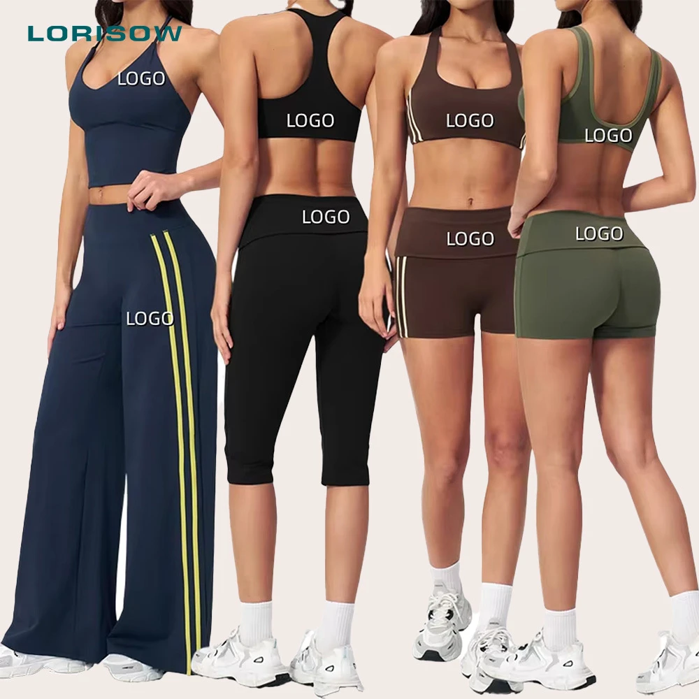 LORISOW Workout Clothes Sports Bra Gym Shorts Side Stripe Fold Waist Leggings Wide Leg Sports Pants Women Sports Wear