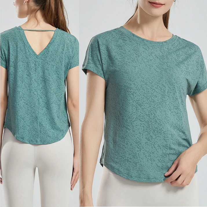 Aoyema High Quality Neck Large V Back Design Outwear Yoga Fitness Breathable Loose Nude T-shirts Short Sleeve Quick Dry Tops