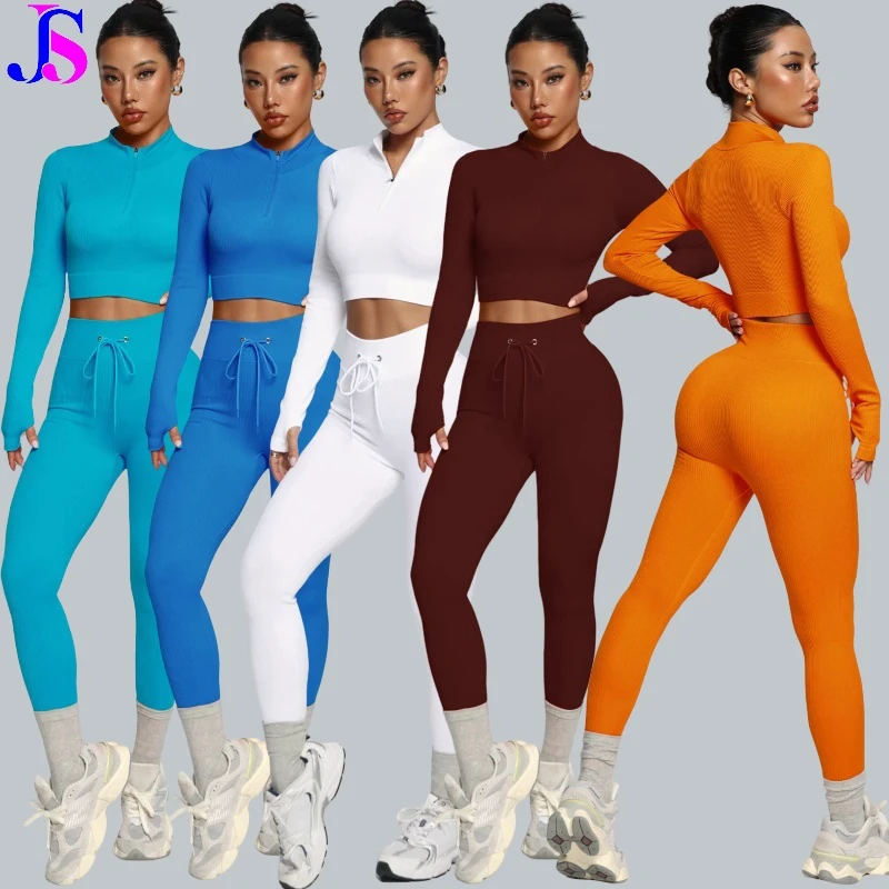 Jinsi 2PCS Ribbed Style Sports Set Quick-Drying Gym Set Yoga Suit Running Zipper Long Sleeve Stretch Sports Leggings Yoga Set