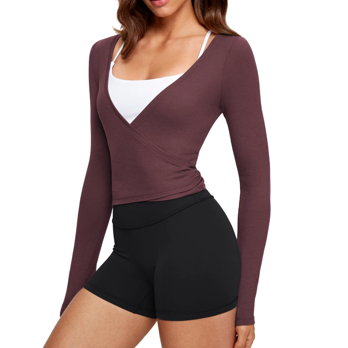 Custom Ultra Soft Regular Fit Casual V-Neck Knit Breathable Four-Way Stretch Long Sleeve Tie Cross Wrap Yoga Woman Crop Top