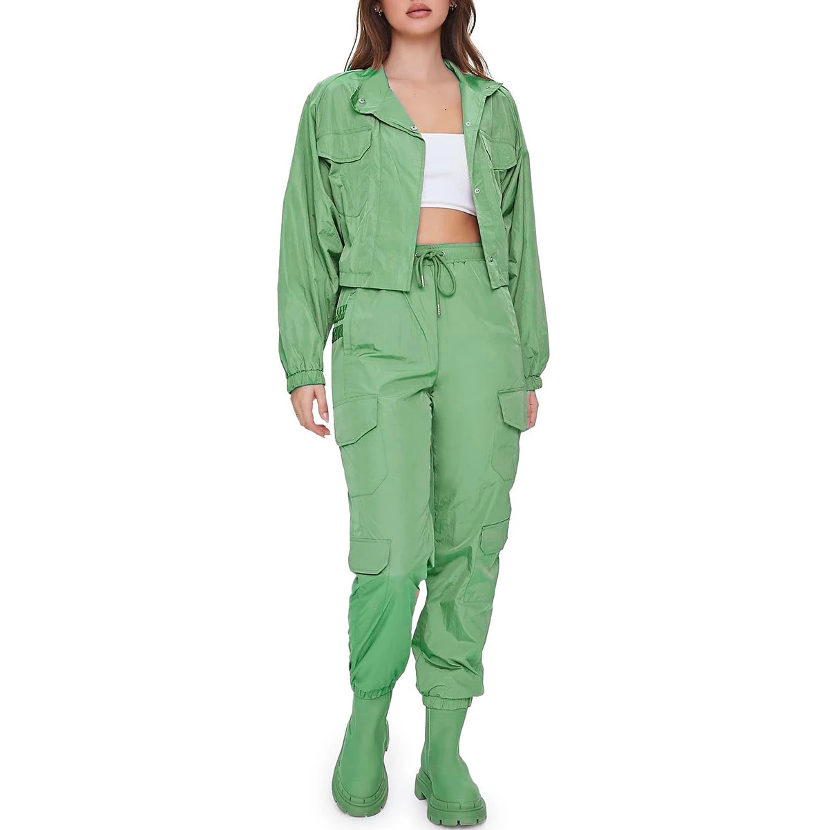 Women's Casual Cropped Raglan-Sleeve Windbreaker Jacket & Crop Pants Set Tracksuit-Windproof Lightweight