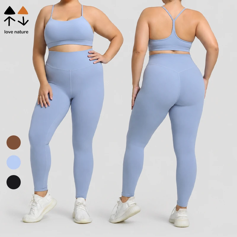 Plus Size Women Activewear Set Nude Feel Breathable High Elastic Racerback Sports Bra Leggings Buttery Soft Yoga Fitness Suit