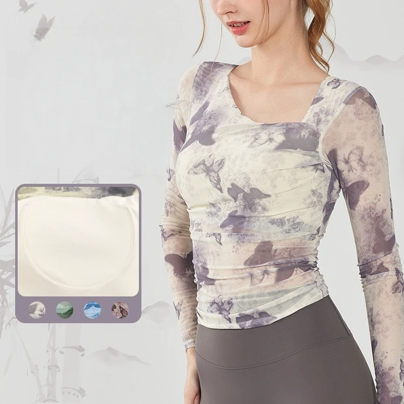 Womens Sports Breathable Long-sleeve T-shirt Yoga Shirt with Ink Wash Printing Mesh Fabric Built-in Bra Quick-drying Fitness Top