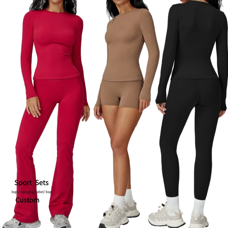 New Women Yoga Suit Long Sleeve Slim Fit Shirt Two Piece Workout Set High Waist Running Fitness Set Quick Dry Athletic Set