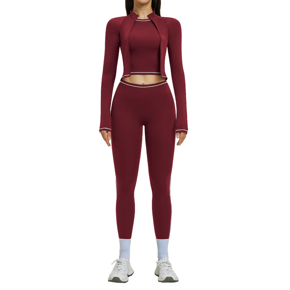 2026 New Arrival Fashion Slim Fit Contrast Piping Zip up Long Sleeve Top High Waist Butt Lifting Shorts Women's 3 Piece Yoga Set