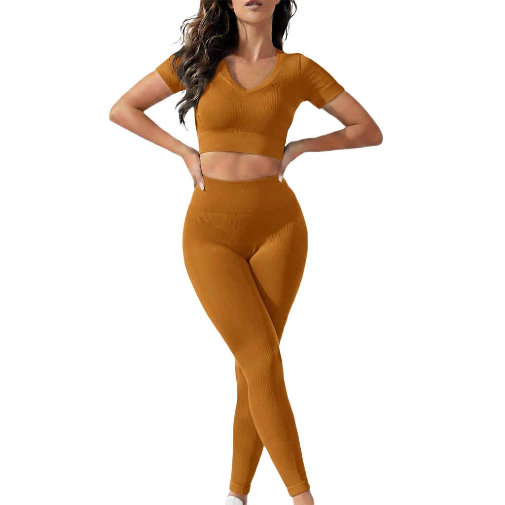 Custom Logo Solid Womens High Waist Active Stretch Quick Dry Seamless Yoga Set Two Piece Fitness Workout Activewear Leggings Top