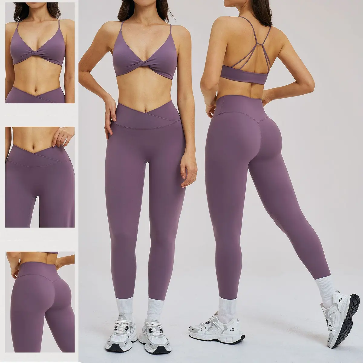New Arrival Summer Women 6-Piece Breathable Spandex/Nylon Long Sleeve Loose Jacket Short Sports Bra Front Color Blocking Fitness
