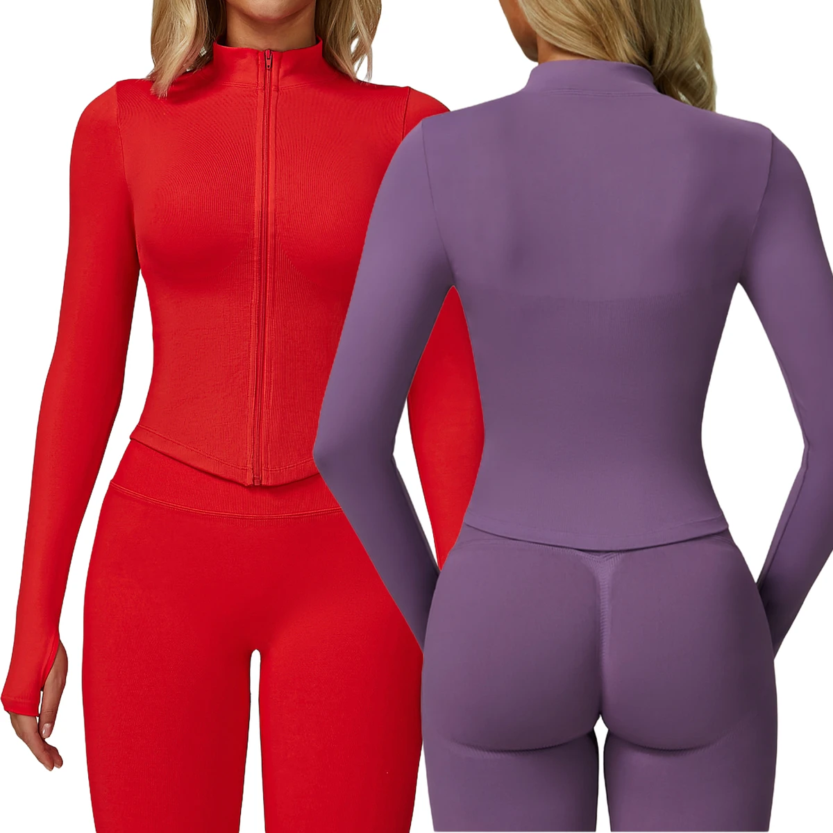Wholesale Women's Zip Jacket Long Sleeve Top Stand Collar Seamless Yoga Fitness Overcoat Slim Fit Solid Thumb Hole V Hem Top