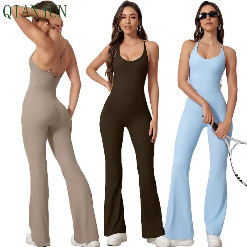Women Nude Ribbed Material Gym Fitness Yoga Jumpsuit Low Collar One Piece Sexy Bodysuit Sport Active Wear Jumpsuits