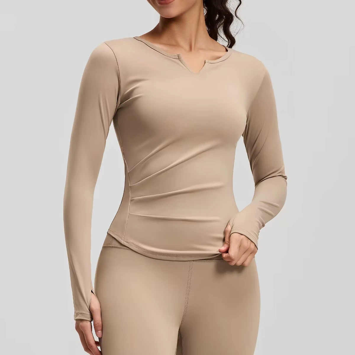 2026 Best-selling Women's Yoga Long-sleeve V-neck Sweat-Wicking Spandex/Polyester Running Sports Top Waist-cinching Pleated