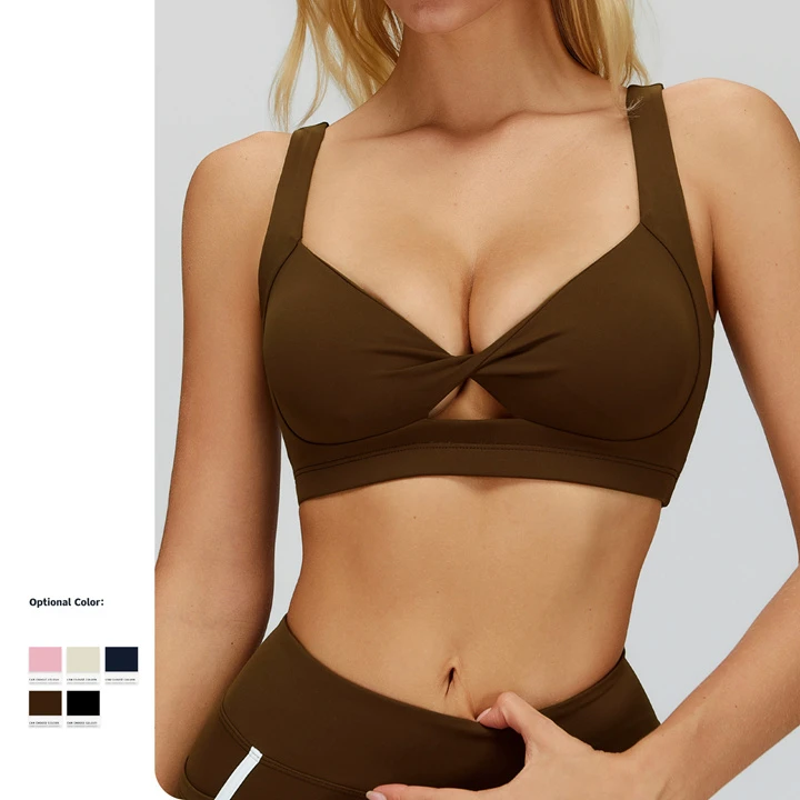 Women's Deep V Neck Twist Front Yoga Sports Bra with Crisscross Straps Breathable Active Wear Medium Support
