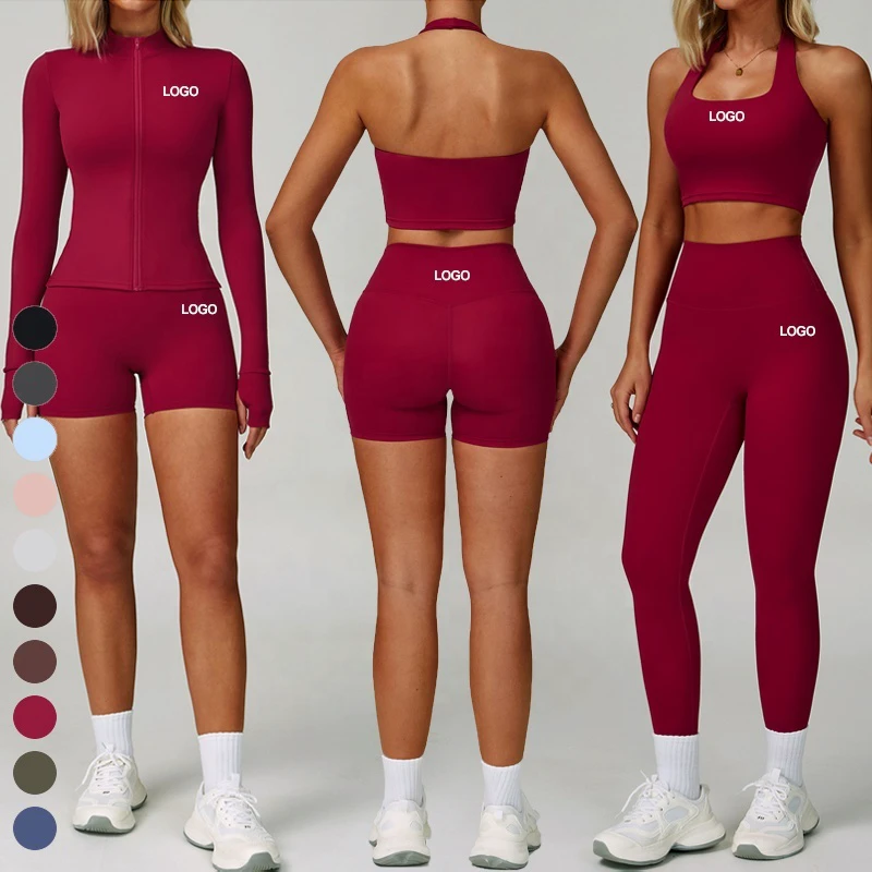 Wholesale Fitness 4 Pcs Women Yoga Set Halter Neck Active Top Full Zip Workout Jacket High Waist Shorts and Leggings Sport Suit
