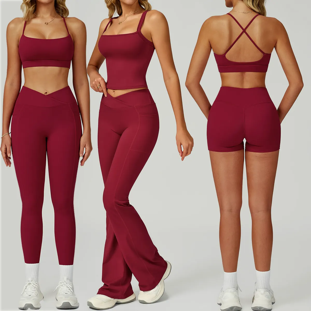 Men Solid Seamless Activewear 5-Piece Yoga Set Sports Bra Crop Top Mid Waist Flared Pants/Shorts Breathable Quick Dry