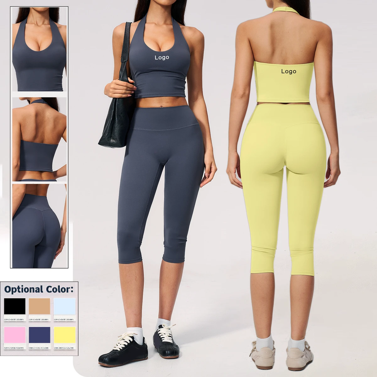 New Womens Solid Yoga Set Quick-Dry 2-Piece Peach-Butt Tight-Fitting Tummy-Tucking Breathable Fitness Running Outdoor Sports