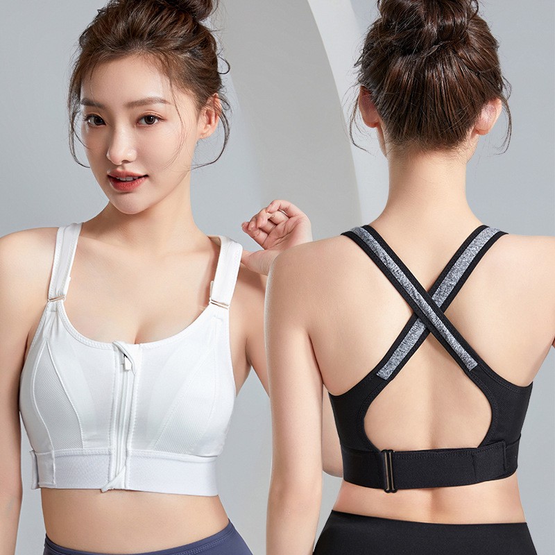 Women's High Support Seamless Breathable Simple Shockproof Zip Front Wireless Sports Bra for Yoga Gym with Four-Way Stretch