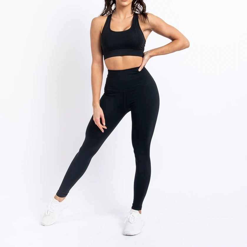 2 PCS Black Women's Sports Bra High Waist Leggings Seamless Yoga Suit for Gym Workout Solid Pattern Fitness Outfit for Ladies