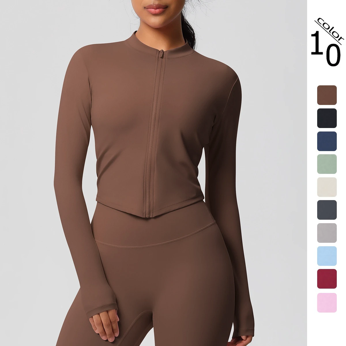 In-stock Cross-border Quick-dry Spandex/Nylon Brushed Fitness Zip-up Jacket Running Sports Tight-fitting Long-sleeve Yoga Top