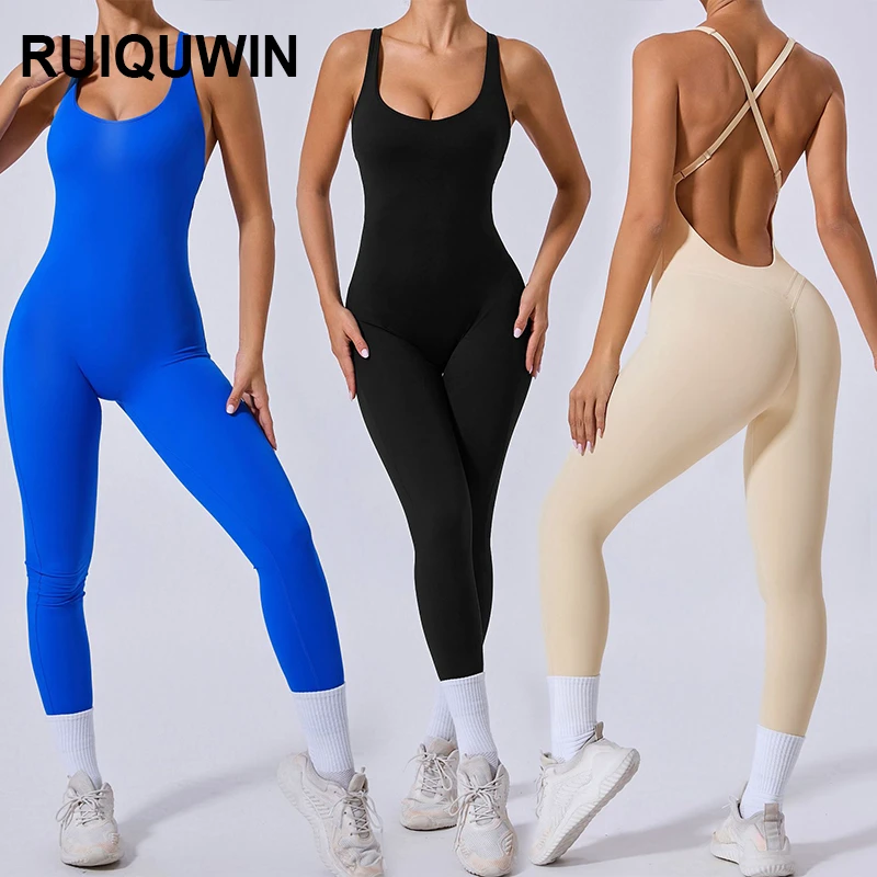 RUIQUWIN Fast Selling Sexy Crossover Backless Integrated Sportswear for Women Fitness Yoga Jumpsuit Adjustable Shoulder Strap