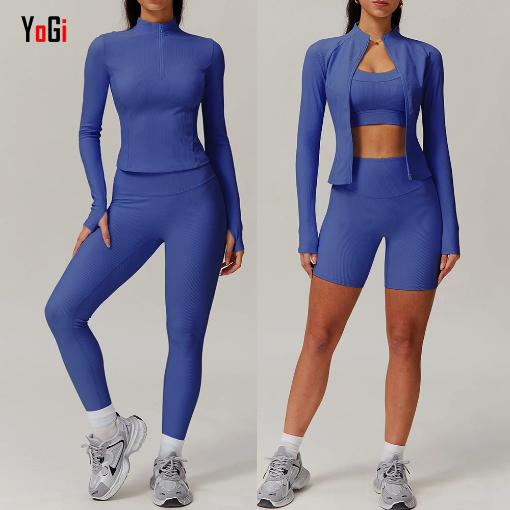 Wholesale Basic Gym Set 6 Piece Crop Top Shorts Pants Leggings Bra Jacket Ribbed Casual Yoga Outfits for Bikers Breathable Solid