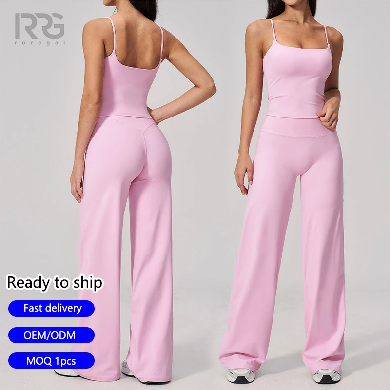 Roregal Slimming Yoga Set Women Quick Dry Gym Tank Top and Wide Leg Pants 2 Piece Workout Outfit for Outdoor Fitness
