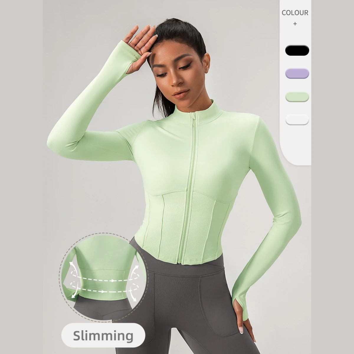 Women's Cropped Full-Zip Yoga Jacket Long Sleeve Stand Collar Workout Top Waist Slimming Breathable Regular Lightweight Four-Way