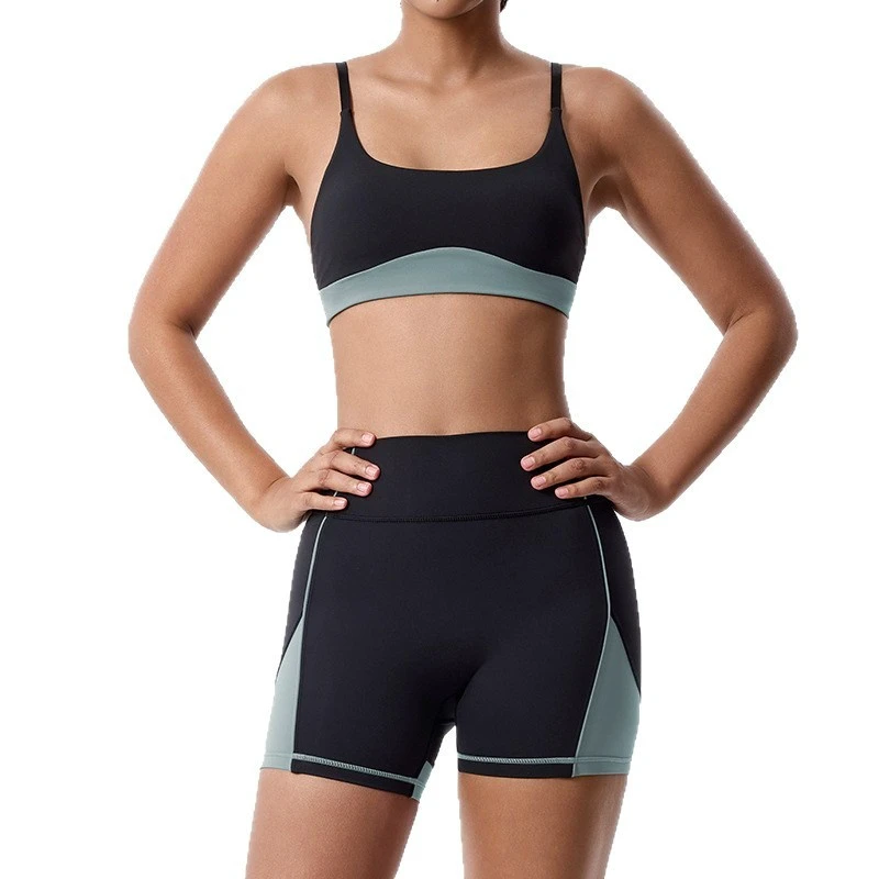 Custom Logo Slim Fit Yoga Set Reversible Shorts Camisole Color Blocking Elastic Waist Nylon Spandex Casual Sportswear Gym