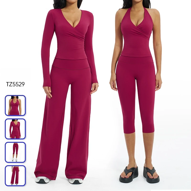 Brushed Yoga & Fitness Set-Women's Loose Casual & Stylish 3-Piece Long-Sleeve Outfit For Outdoor Running & Sports