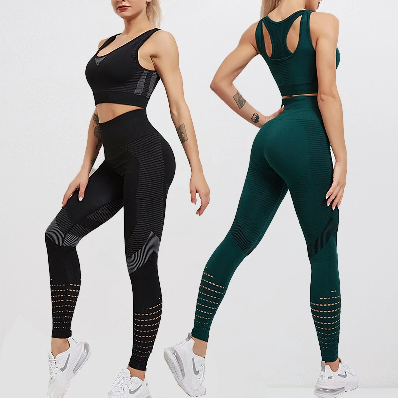 Custom Breathable Seamless 2 Pieces Women Yoga Set Long Sleeve Crop Top Workout Clothing Women Yoga Fitness Set