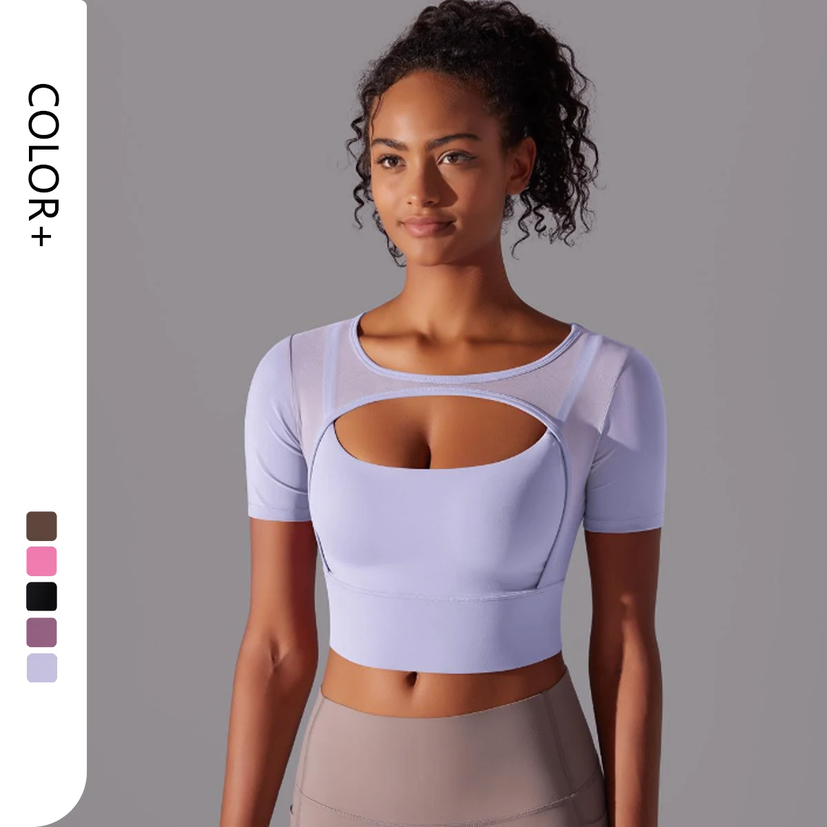 Sexy Mesh Women's Fitness Activewear Breathable Quick Dry Four-Way Stretch Skinny Fit Running Workout T-shirt Yoga Solid Color