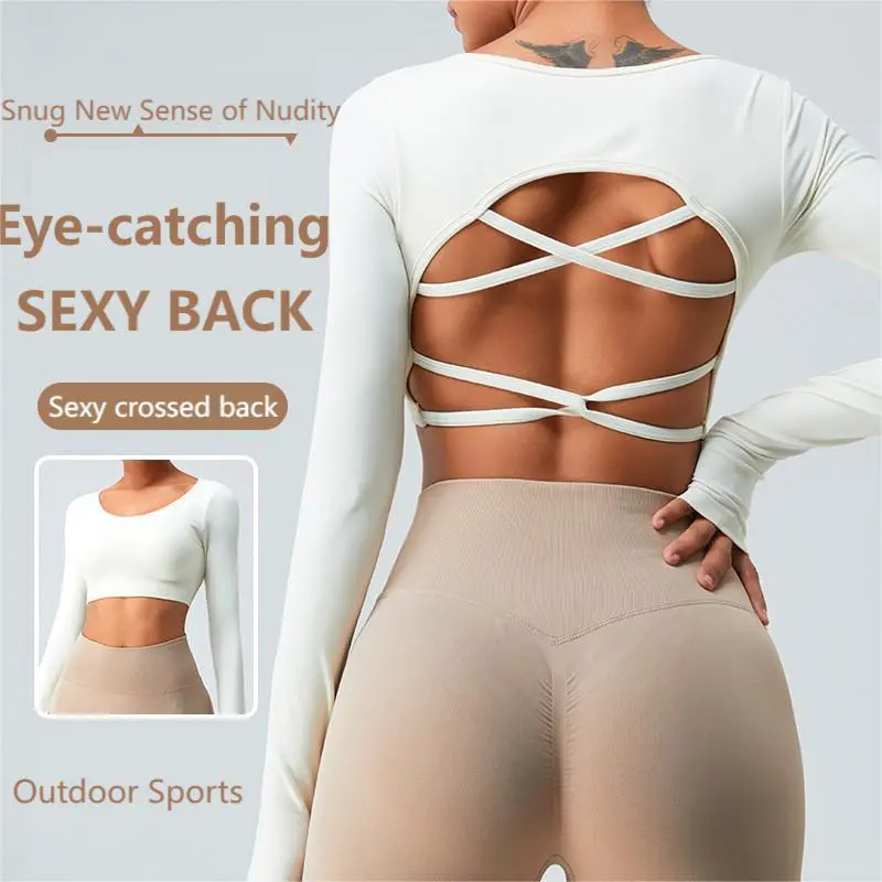 New Custom t Shirt Quick Dry Seamless Long Sleeve Yoga Girls T-shirts Women's Cross Back Yoga Top Running Sports Women T-shirt