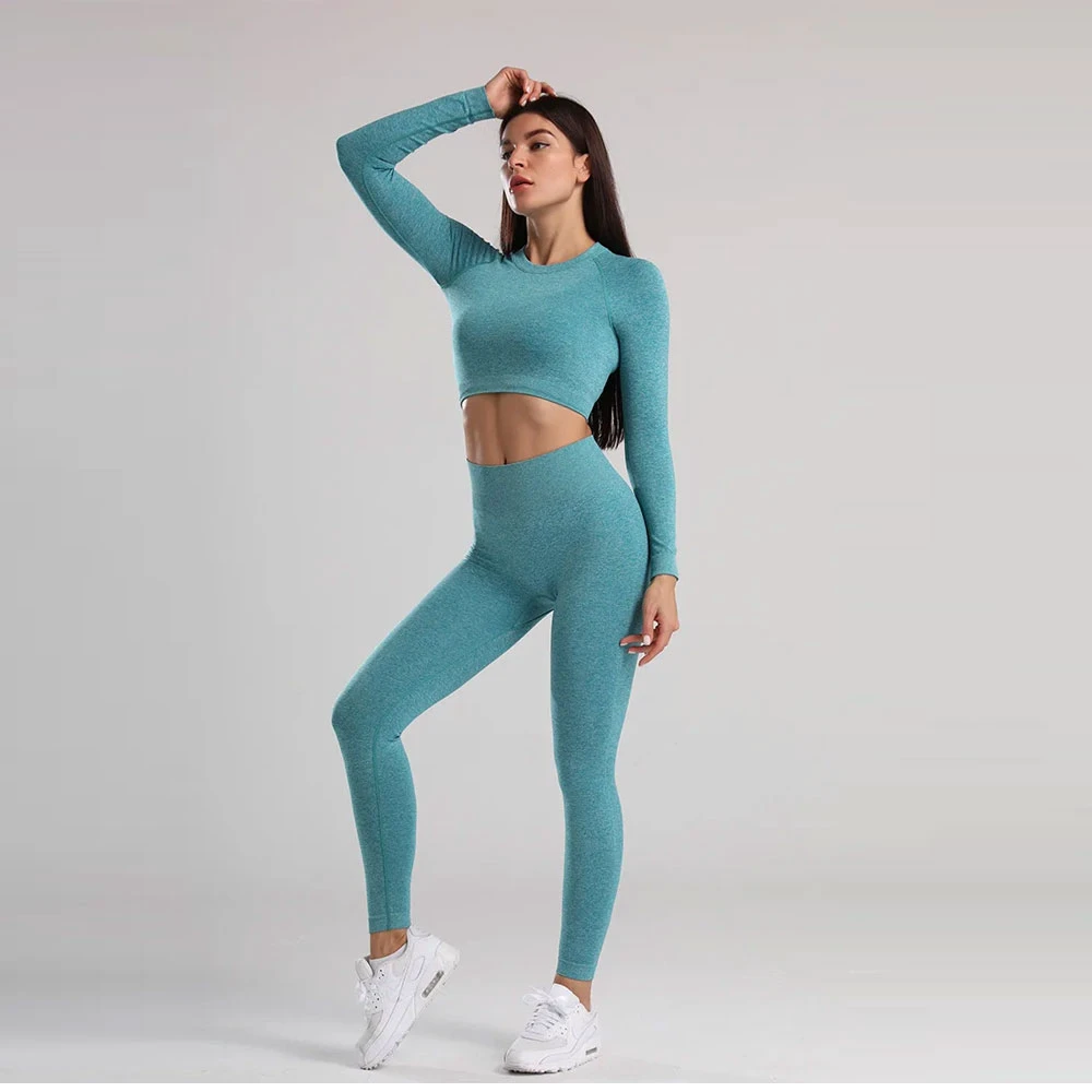 High Quality Reversible Plus Size Full Sleeve Breathable 2 Piece Set Women Fitness Yoga Activewear Seamless Bra Leggings
