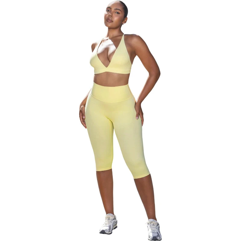 KY Casual Sports Two Piece Outfit Solid Color V Neck Crop Bra High Waist Knee Length Leggings Gym Yoga Suit
