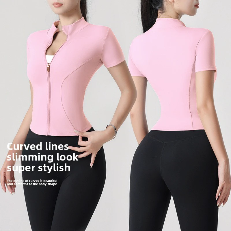 Women's Summer T-zipper Fitness Tops New Nude Short-sleeved For Cycling Outdoor Sports Training Lightweight Breathable Yoga Top