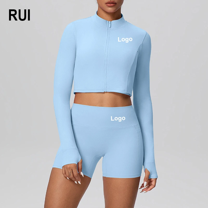 RUIQUWIN Women's Solid Fitness Yoga Wear Long Sleeve Zip Yoga Top High Waist Shorts Soft Breathable Four-Way Stretch Sportswear
