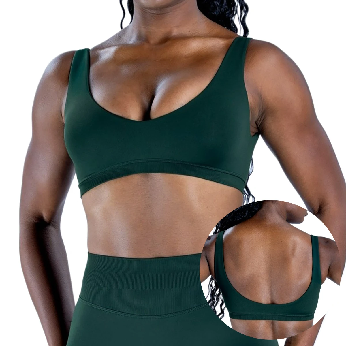 Women's Nylon Blind-Stitch Front V-Neck Back U-Cut High-Stretch Backless Sports Bra Seamless Yoga Sports Bra