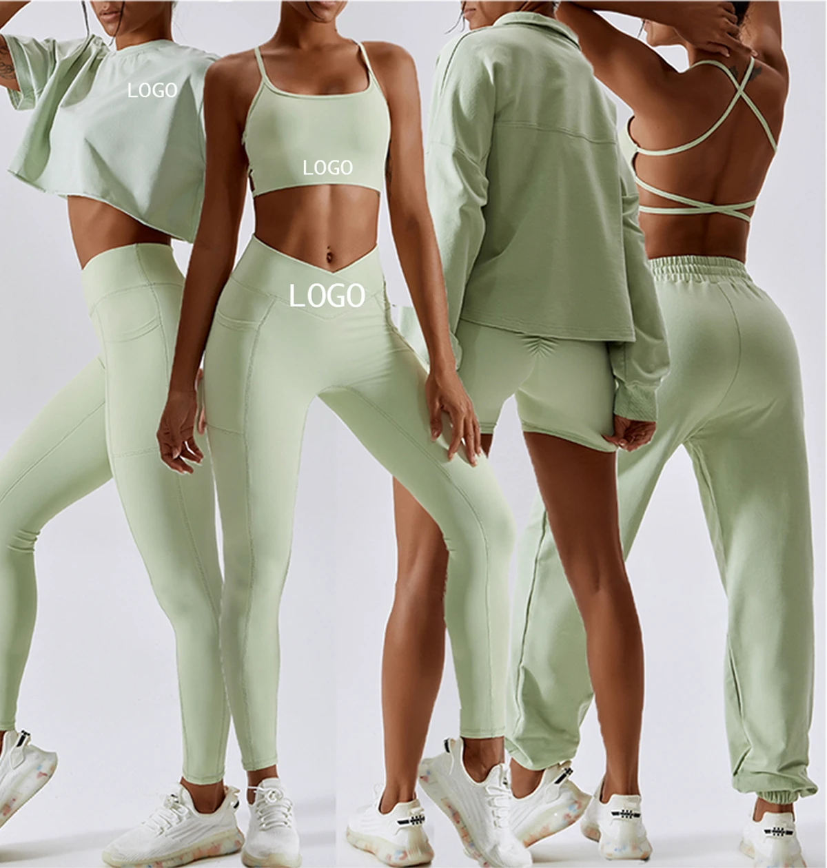 Fashion 7 Pieces Fitness Yoga Wear Tops and V Waist Scrunch Butt Leggings Shorts Plus Size Workout Sportswear Gym Fitness Sets