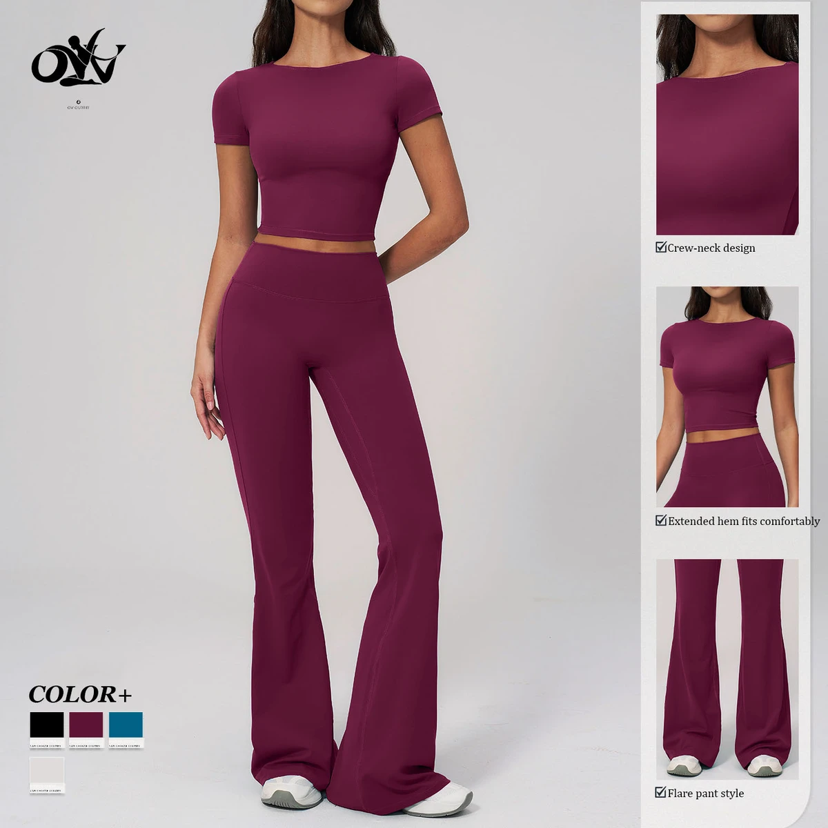 High-waist Scrunch Butt Flare-pant and Wide-leg Style Tight Yoga Pants Daily Outfit Simple Causal Wholesale Women Two Piece Set