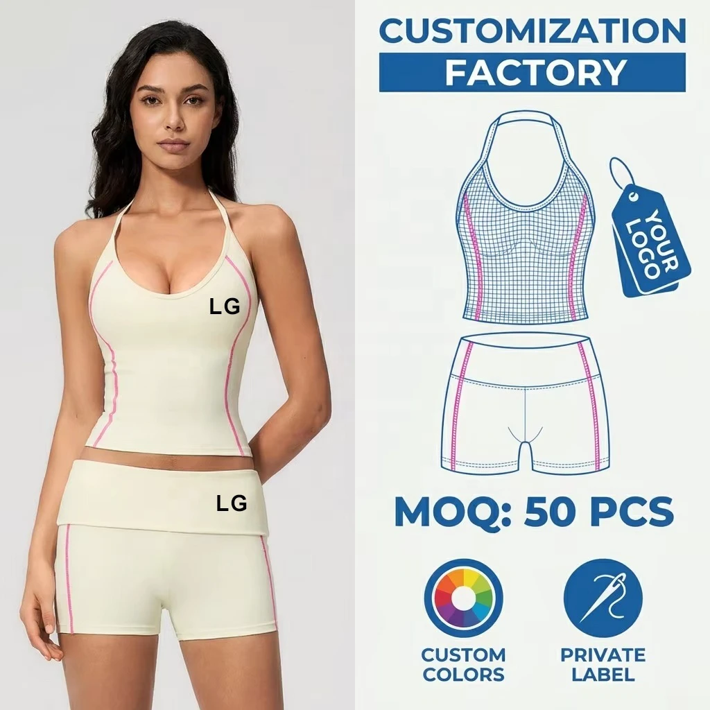 Custom Label Cream Yoga Set With Pink Contrast Stitching Scoop Neck Tank Top And Workout Shorts 2 Piece Gym Wear For Women