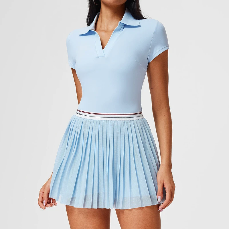 Women Sportswear Polo Short Sleeve T-shirts Skirt Yoga Suit Fitness Breathable Slim-fit Sports Running Gym Workout Clothes Sets