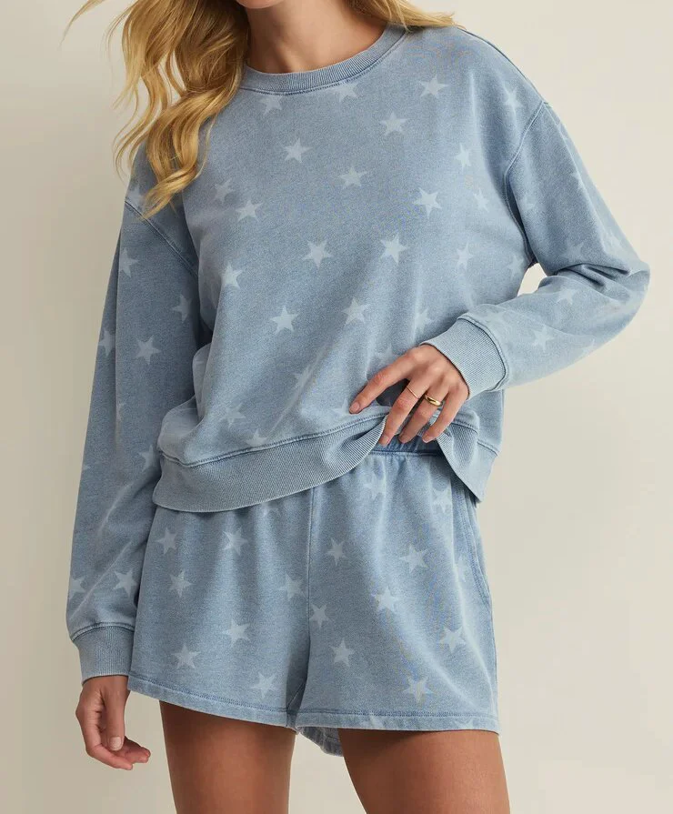 Custom Women's Washed Blue Star Print Terry 2 Piece Outfit Crew Neck Sweatshirt Drawstring Shorts Loungewear Set Manufacturer