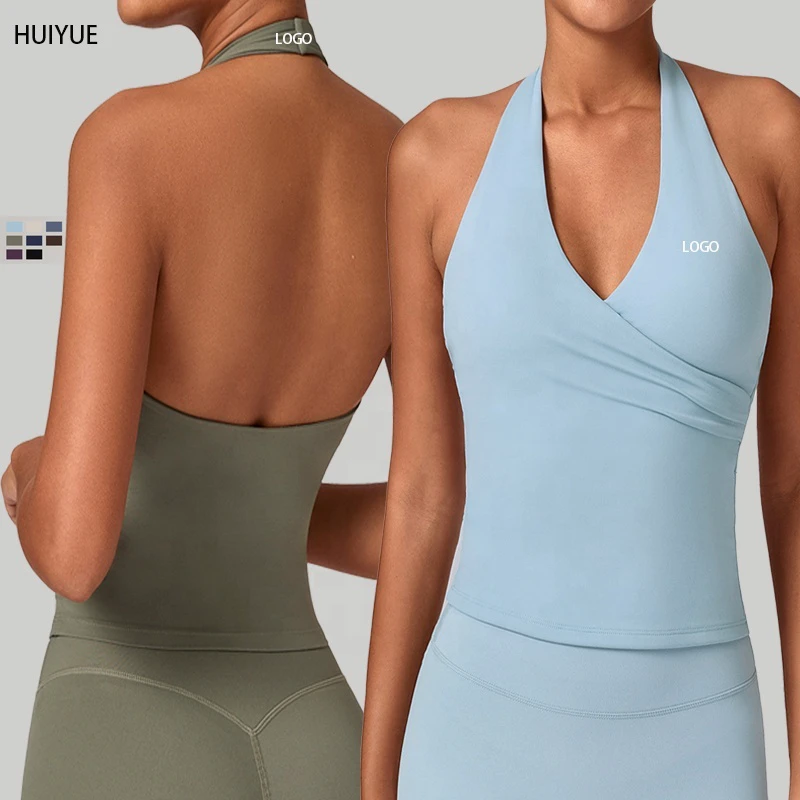 Women's V Neck Breathable Four-Way Stretch Sleeveless Workout Tops Backless Gym Sports Vest Halter Neck Yoga Tank Top
