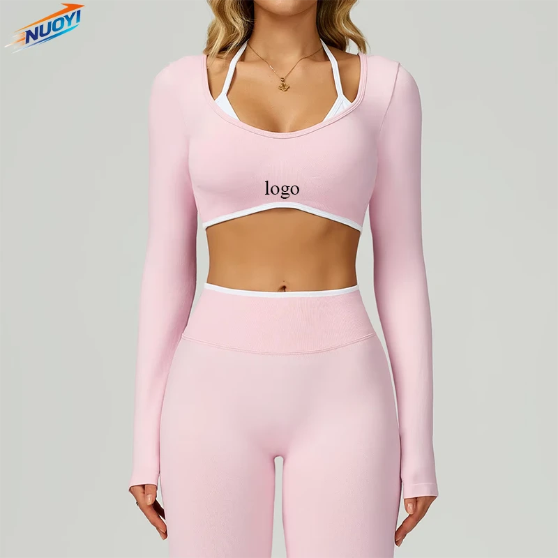 Women's Seamless Long Sleeve Short Tight Fit Simple Running Gym & Fitness Activewear Contrast Color Fake Two Piece Yoga Gym Top