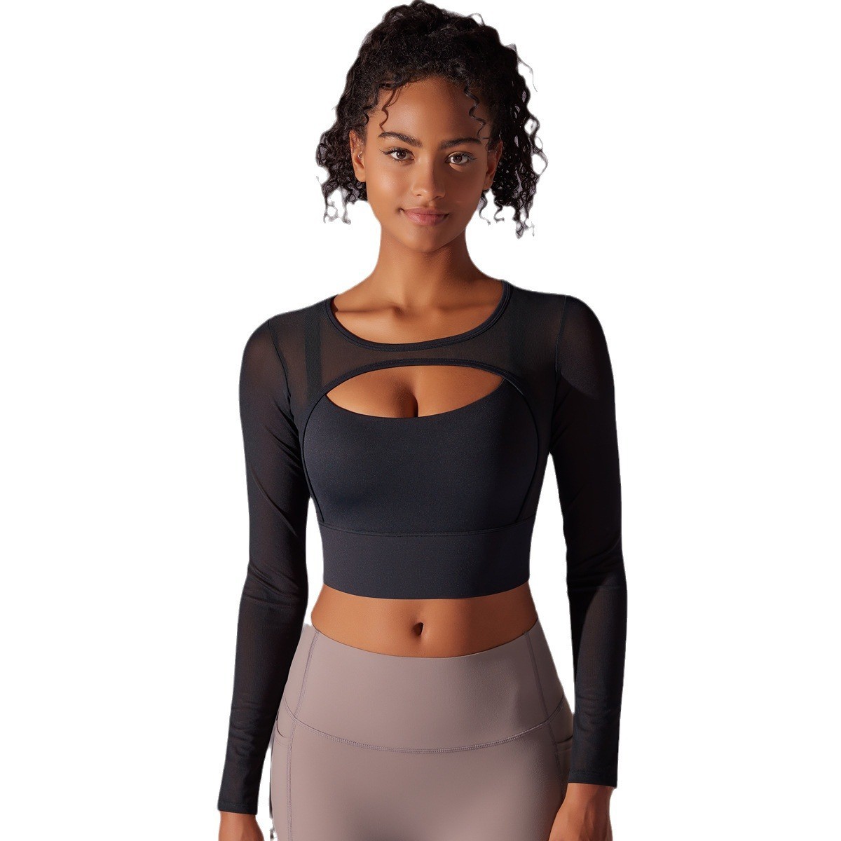 Stock Available Breathable for Mesh Semi-Sheer Sexy Dual-Color Tight Long-Sleeve Stretchy Yoga & Fitness Top for Women