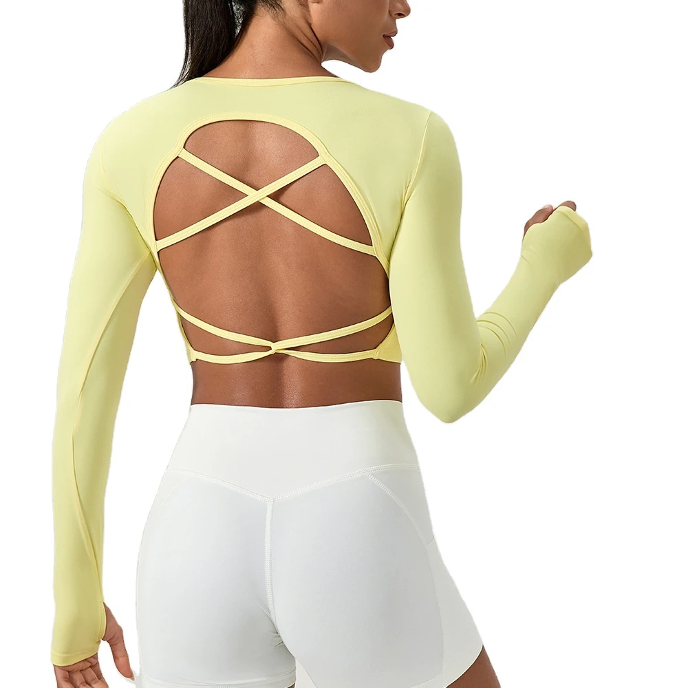 Hot Sale Women Gym Cross Back Trendy Fitness Crop Top Lace up Backless Mock Neck Long Sleeve Cropped Yoga Shirts