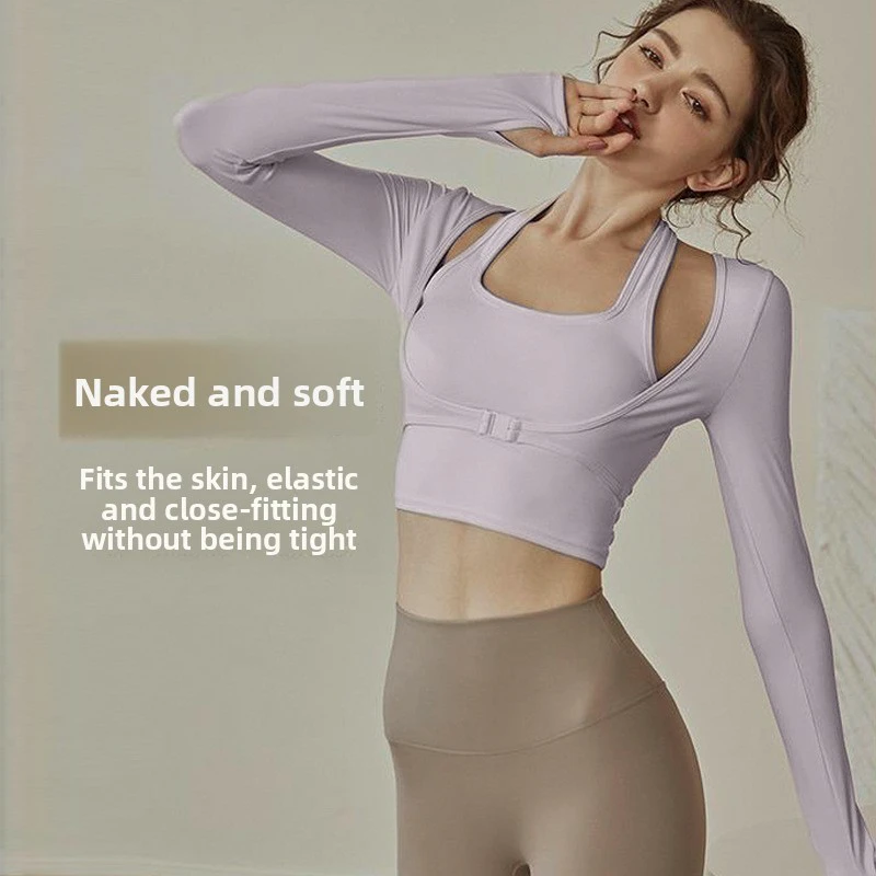 Two-Piece Solid High-Intensity Long-Sleeve Breathable Running Yoga Top Chest Pads for Women Elastic Tight-Fitting Fitness Sports