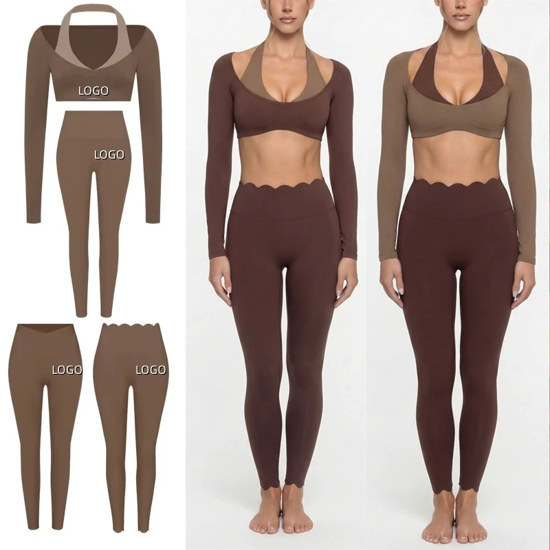 Custom LOGO New Petal Cut Out Long Sleeved Yoga Top Fabric Quick Drying Sports Outdoor Wear Fabric Long Leggings Set