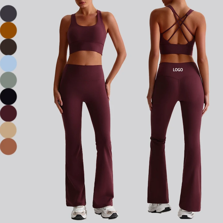 Custom LOGO Womens Super Soft Stretchy Brushed High Waist Flared Leggings Workout Sportswear Yoga Set